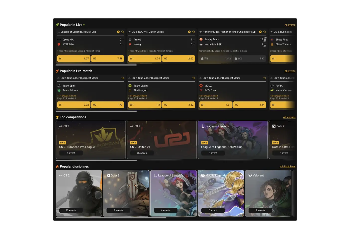 Escolha o evento de esportes eletrônicos desejado